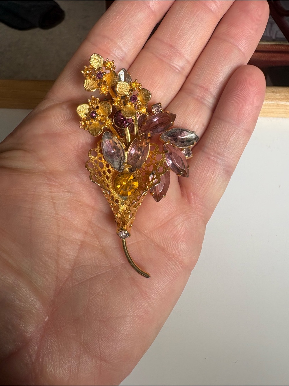 Vintage 1980s R.J. Graziano Style Purple Rhinestone Cornucopia Flower Brooch